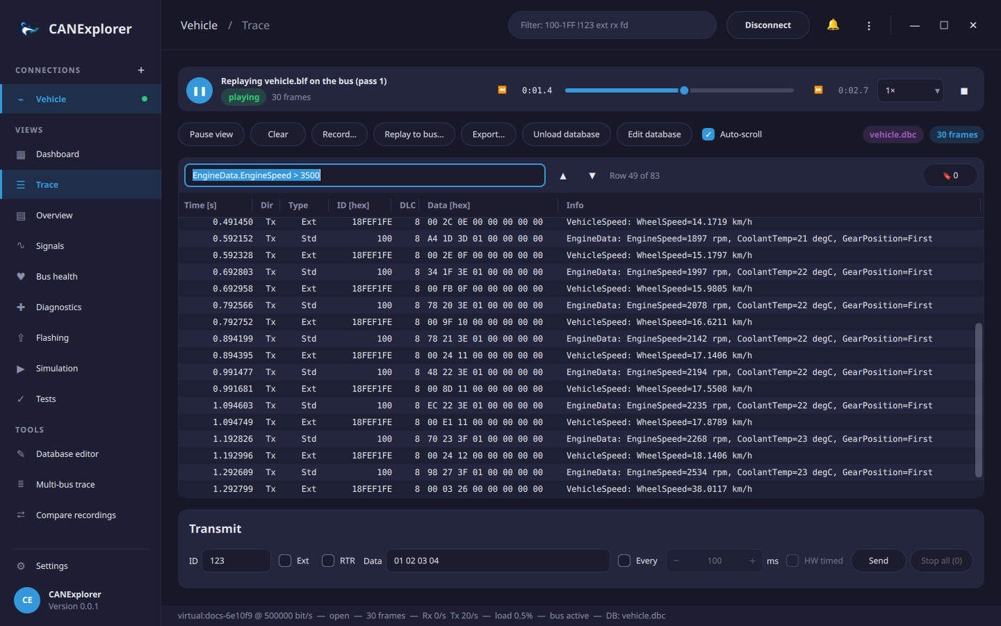Log file replayed on the bus