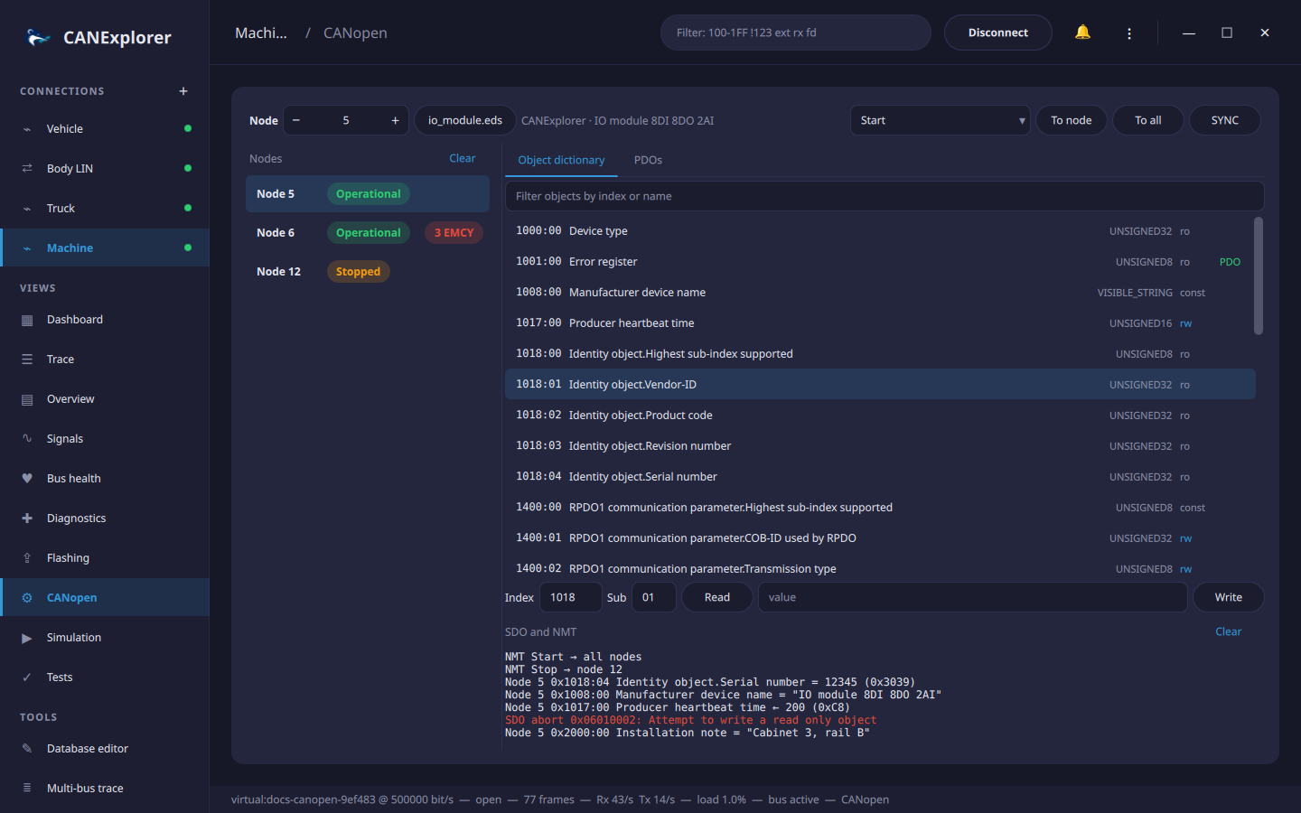 CANopen view with three nodes, the object dictionary of node 5 and SDO transfers