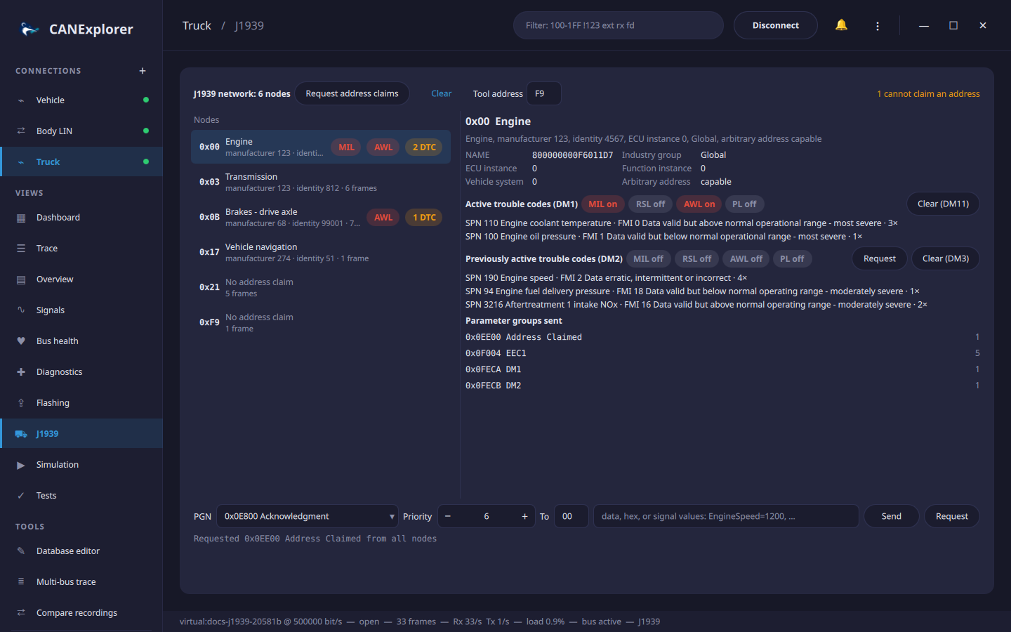 J1939 view with an engine reporting active and previously active trouble codes