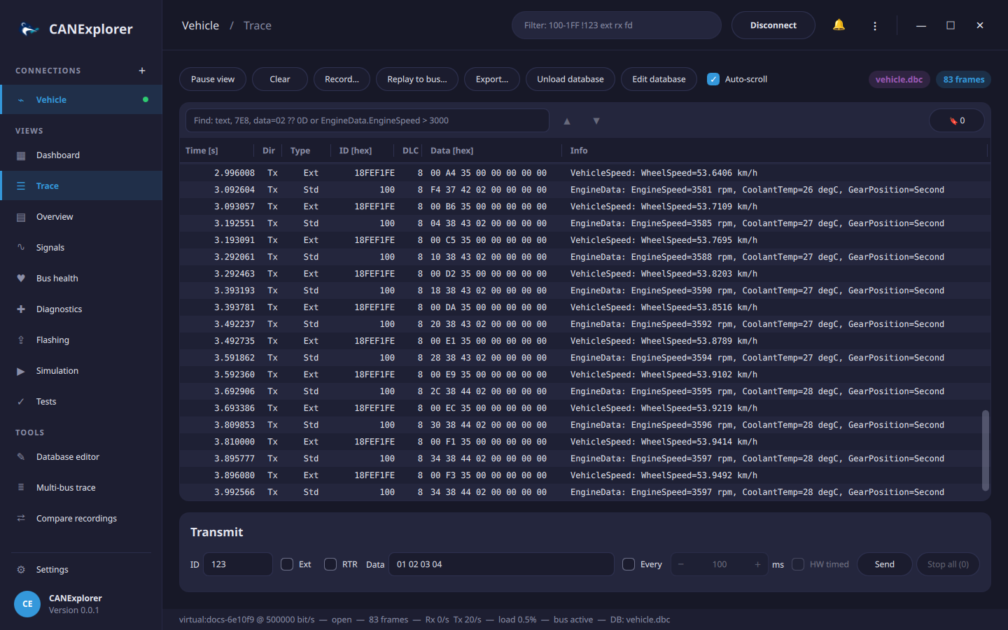 CANExplorer showing a trace with decoded signals